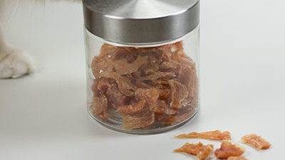 Katze riecht an Dose mit Trockenfleisch