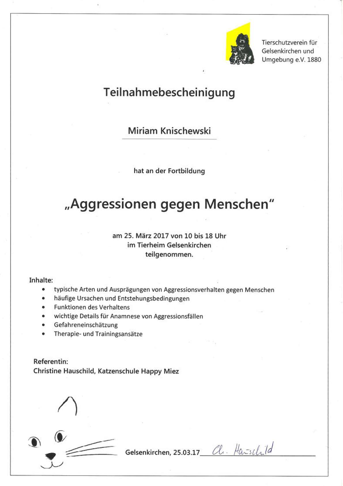 Das Foto zeigt Miriams Teilnahmebestätigung zur Fortbildung Aggressionen gegen Menschen aus dem Jahr 2017