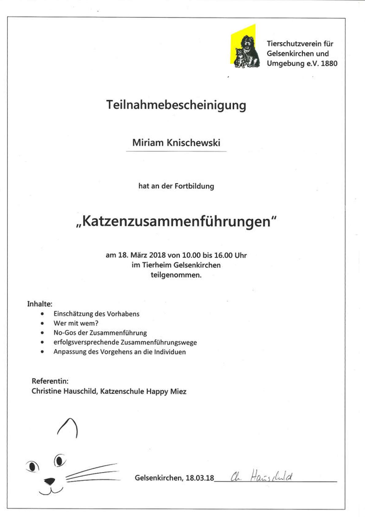Das Foto zeigt Miriams Teilnahmebestätigung zur Fortbildung Katzenzusammenführungen aus dem Jahr 2018