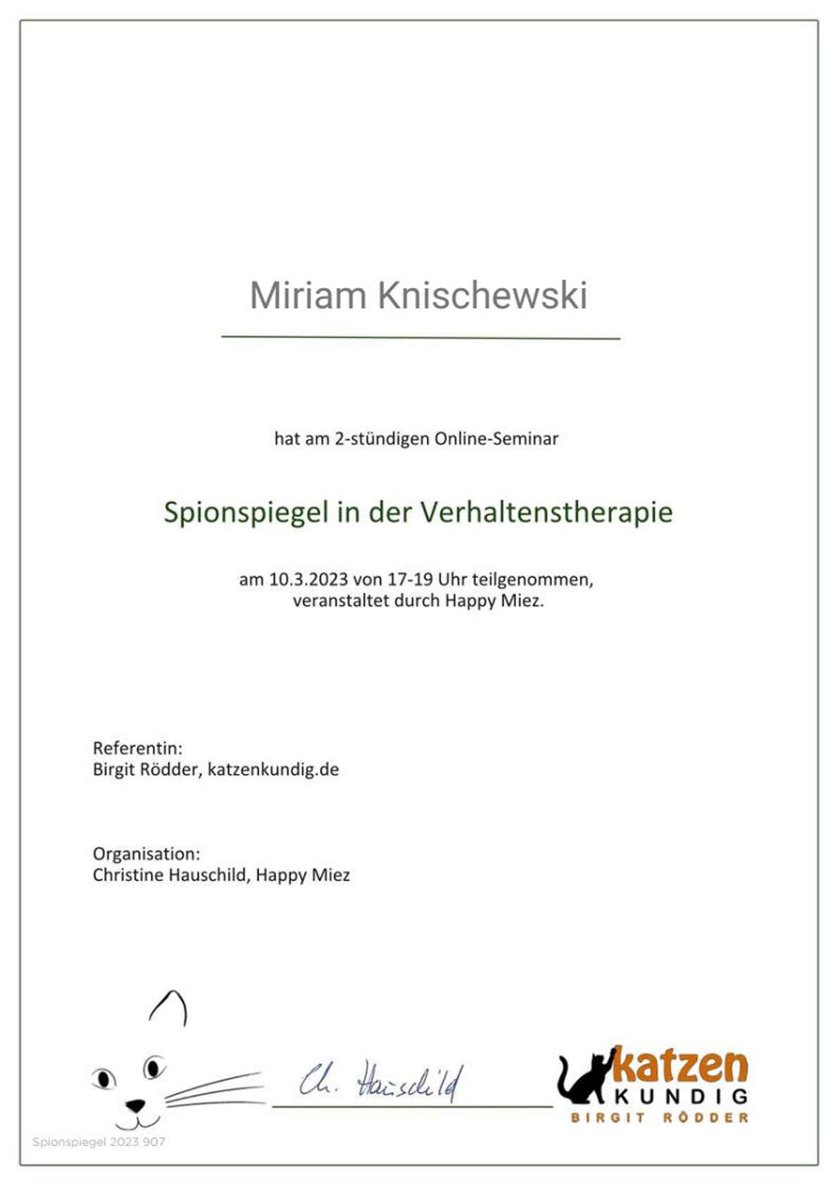 Das Foto zeigt Miriams Teilnahmebestätigung zur Fortbildung Spionspiegel in der Verhaltenstherapie aus dem Jahr 2023