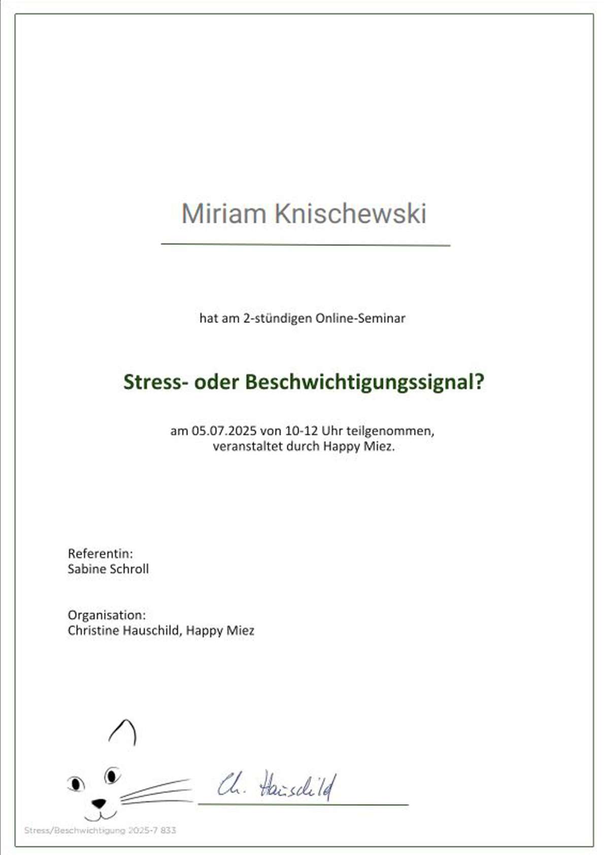 Das Foto zeigt Miriams Teilnahmebestätigung zur Fortbildung Stress- oder Beschwichtigungssignal? aus dem Jahr 2025