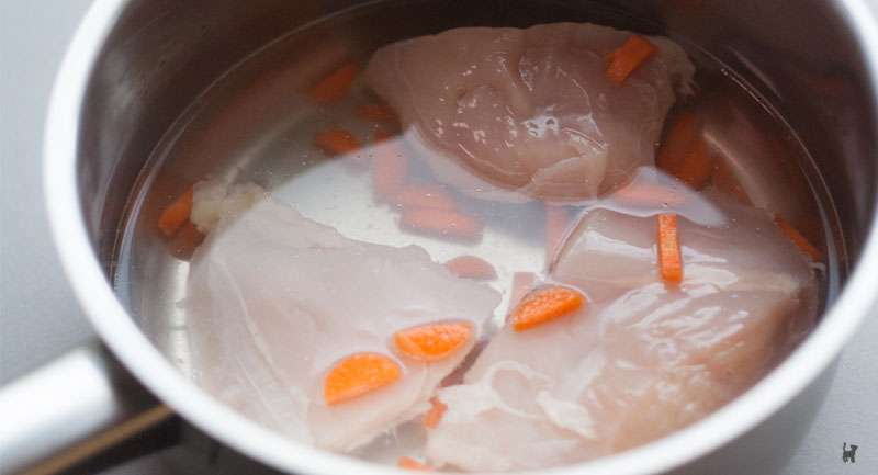 Das Bild zeigt einen Kochtopf, gefüllt mit Wasser, drei Hähnchenbruststücken und kleinen Karottenstücken