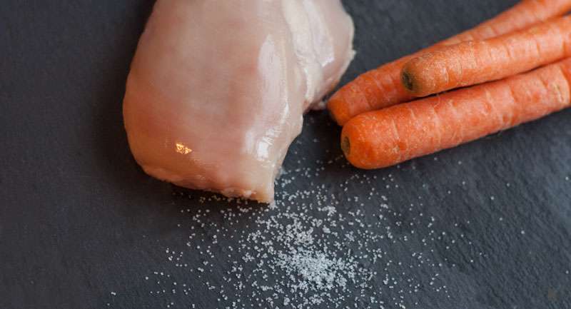 Das Foto zeigt die Zutaten für die Schonkost: Hähnchenfilet, Karotten und Salz